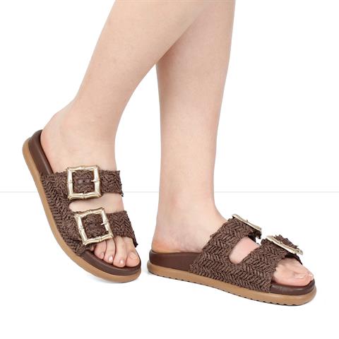 Kadın Kahverengi Tokalı Hasır Deri Terlik