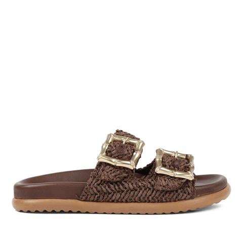 Kadın Kahverengi Tokalı Hasır Deri Terlik