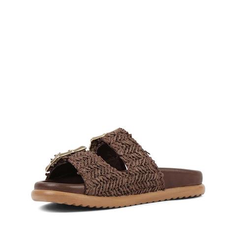 Kadın Kahverengi Tokalı Hasır Deri Terlik