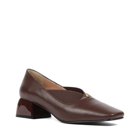 Kadın Kahverengi Tokalı Kalın Topuklu Deri Klasik Ayakkabı