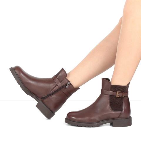 Kadın Kahverengi Tokalı Lastikli Deri Bot