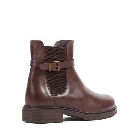 Kadın Kahverengi Tokalı Lastikli Deri Bot