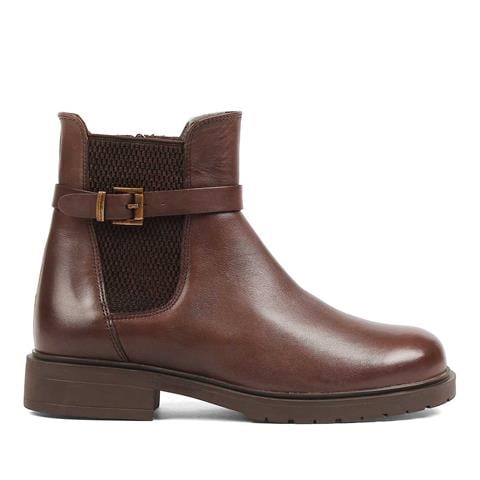 Kadın Kahverengi Tokalı Lastikli Deri Bot