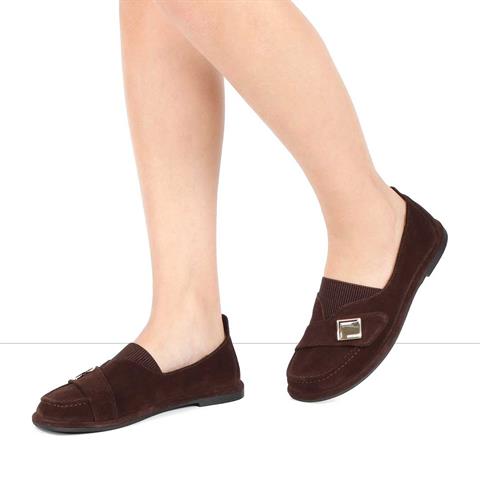 Kadın Kahverengi Tokalı Süet Deri Loafer