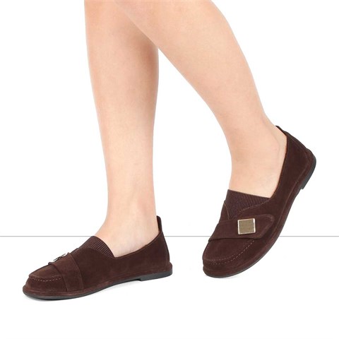 Kadın Kahverengi Tokalı Süet Deri Loafer