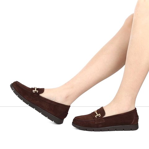 Kadın Kahverengi Tokalı Süet Deri Loafer