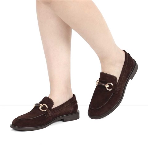 Kadın Kahverengi Tokalı Süet Deri Loafer