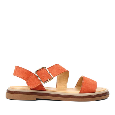 Kadın Kiremit Kalın Tokalı Süet Deri Sandalet