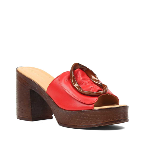 Kadın Kırmızı Tokalı Deri Terlik