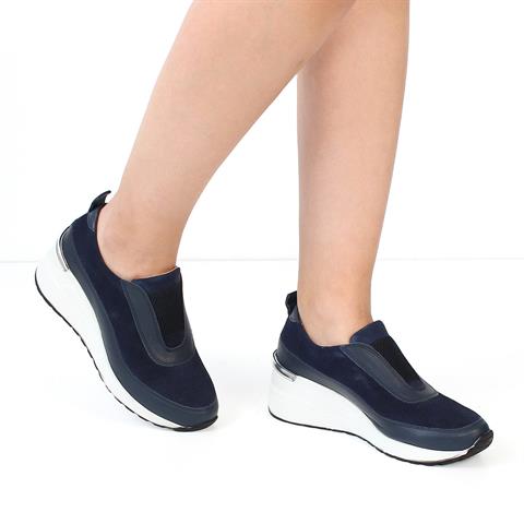 Kadın Lacivert Dolgu Topuklu Süet Deri Sneaker
