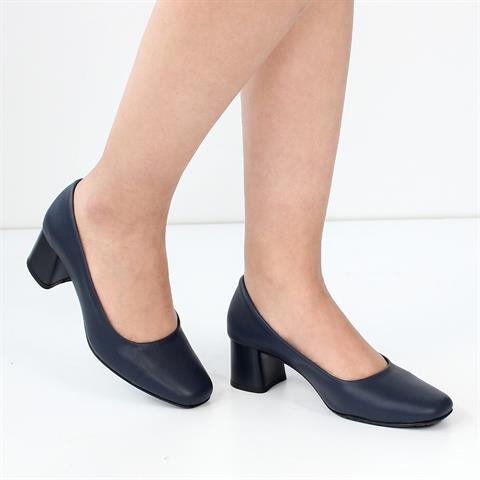 Kadın Lacivert Kalın Topuklu Deri Klasik Ayakkabı