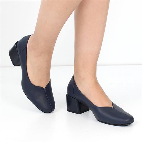 Kadın Lacivert Kısa Kalın Topuklu Deri Klasik Ayakkabı