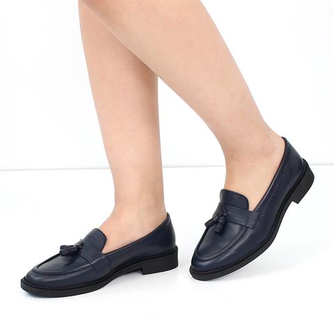Kadın Lacivert Püsküllü Deri Loafer