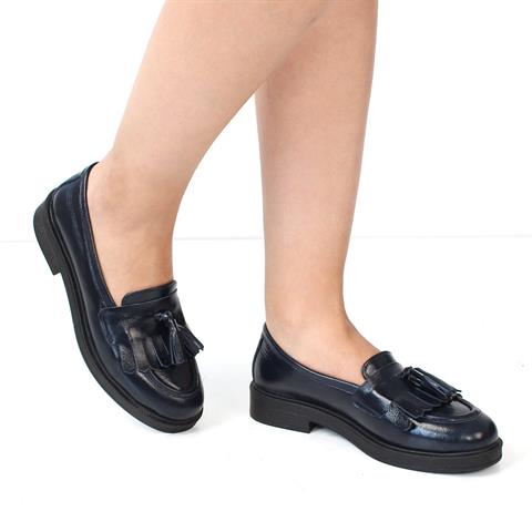 Kadın Lacivert Püsküllü Rugan Deri Loafer