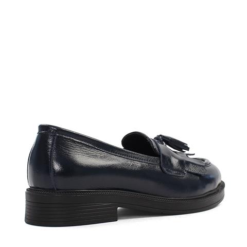 Kadın Lacivert Püsküllü Rugan Deri Loafer