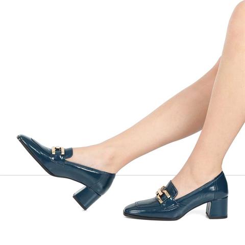 Kadın Petrol Kalın Topuklu Rugan Deri Klasik Ayakkabı