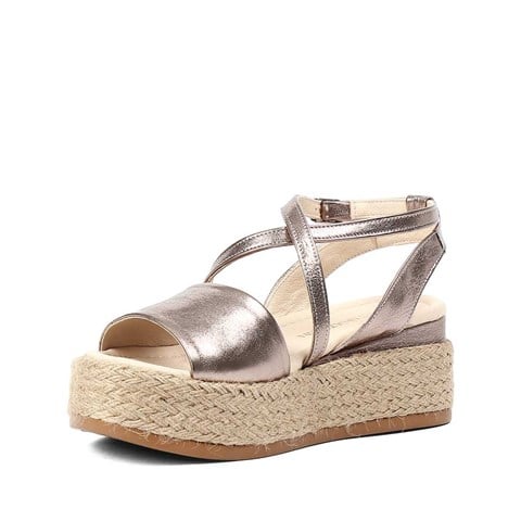 Kadın Platin Hasır Tabanlı Deri Sandalet