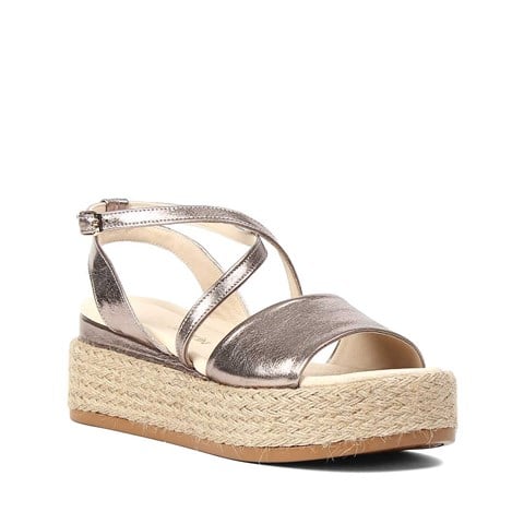 Kadın Platin Hasır Tabanlı Deri Sandalet