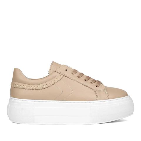 Kadın Pudra Bağcıklı Kalın Tabanlı Deri Sneaker