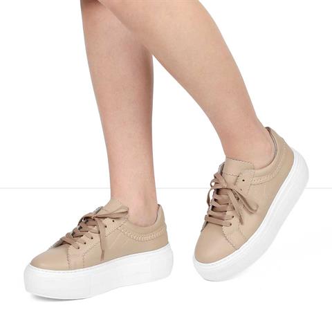 Kadın Pudra Bağcıklı Kalın Tabanlı Deri Sneaker