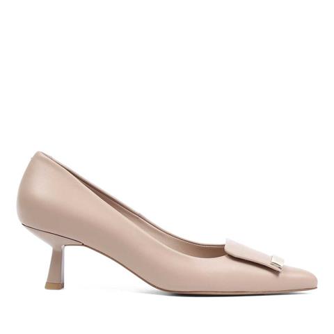 Kadın Pudra İnce Topuklu Deri Klasik Ayakkabı