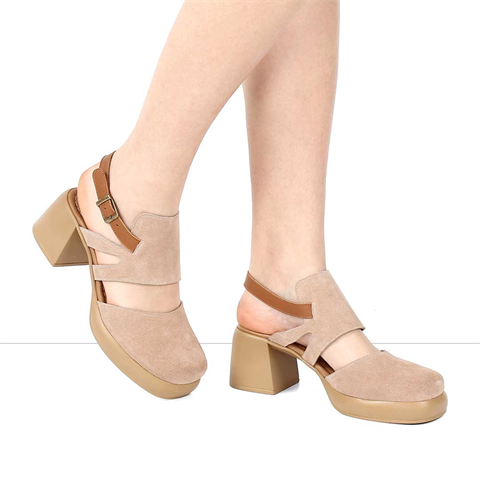 Kadın Pudra Kalın Topuklu Süet Deri Sandalet