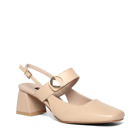 Kadın Pudra Tokalı Kalın Topuklu Deri Klasik Ayakkabı