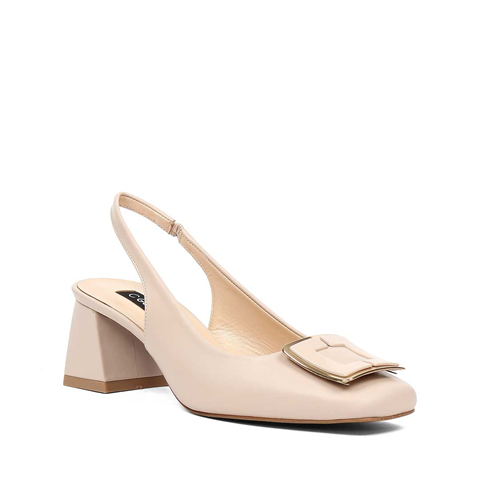 Kadın Pudra Tokalı Kalın Topuklu Deri Ayakkabı