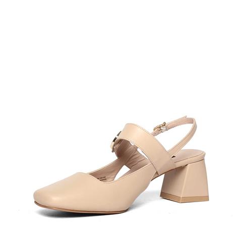 Kadın Pudra Tokalı Kalın Topuklu Deri Klasik Ayakkabı