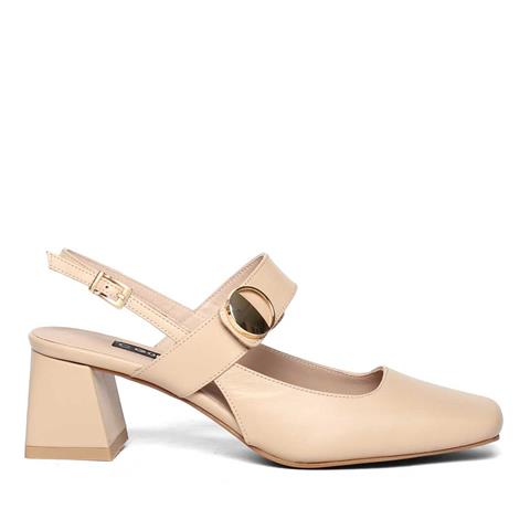 Kadın Pudra Tokalı Kalın Topuklu Deri Klasik Ayakkabı