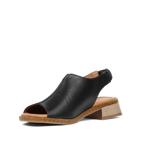 Kadın Siyah Arkası Lastikli Topuklu Deri Sandalet