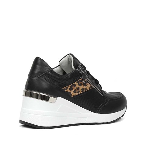 Kadın Siyah Bağcıklı Dolgu Topuklu Deri Sneaker