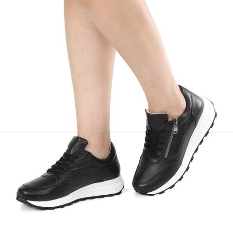 Kadın Siyah Bağcıklı Fermuarlı Deri Sneaker