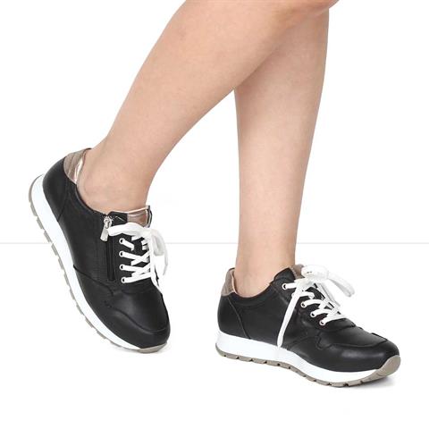 Kadın Siyah Bağcıklı Fermuarlı Deri Sneaker