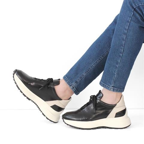 Erkek Siyah Bağcıklı Kalın Tabanlı Açma Deri Sneaker