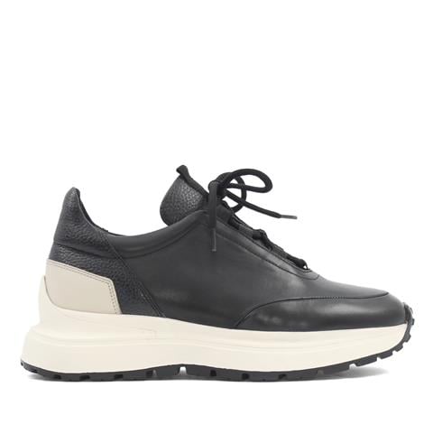 Erkek Siyah Bağcıklı Kalın Tabanlı Deri Sneaker