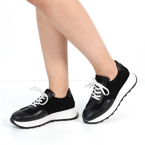 Kadın Siyah Bağcıklı Kalın Tabanlı Süet Deri Sneaker