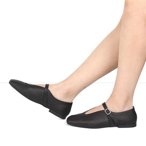 Kadın Siyah Bantlı Deri Babet