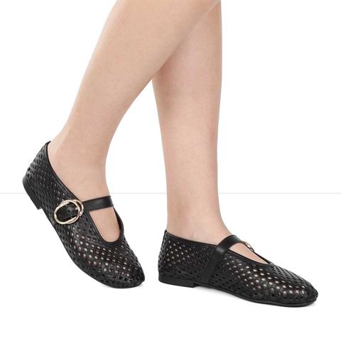 Kadın Siyah Bantlı Deri Babet