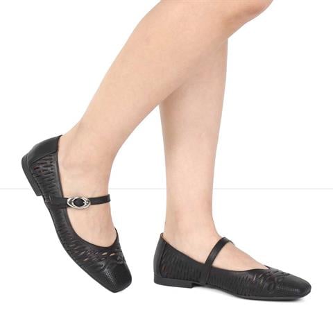 Kadın Siyah Bantlı Deri Babet