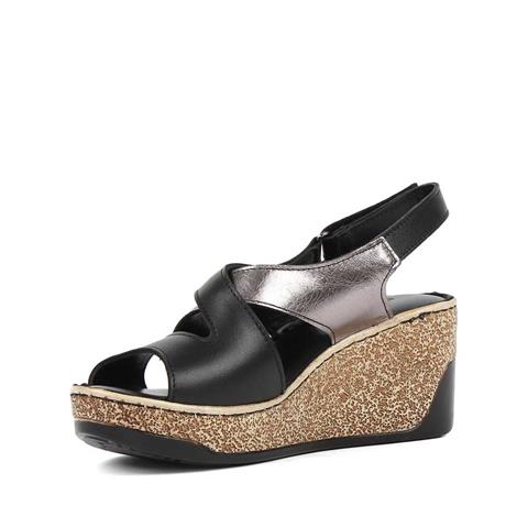 Kadın Siyah Bantlı Dolgu Topuklu Deri Sandalet