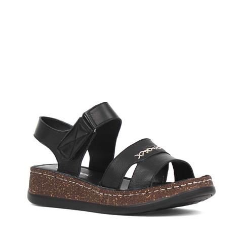 Kadın Siyah Bantlı Dolgu Topuklu Deri Sandalet