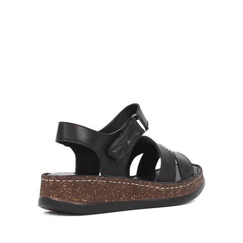 Kadın Siyah Bantlı Dolgu Topuklu Deri Sandalet