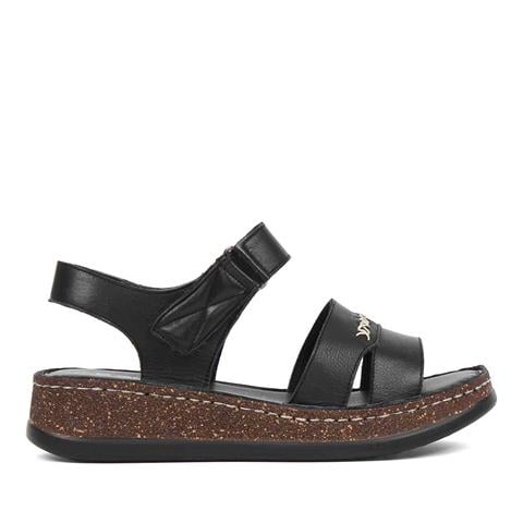 Kadın Siyah Bantlı Dolgu Topuklu Deri Sandalet