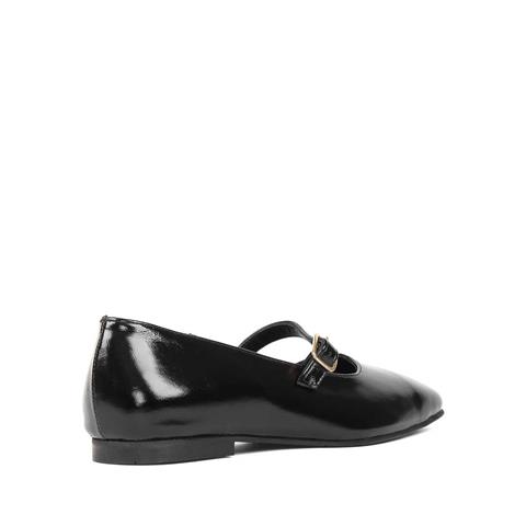 Kadın Siyah Bantlı Küt Burun Rugan Deri Babet