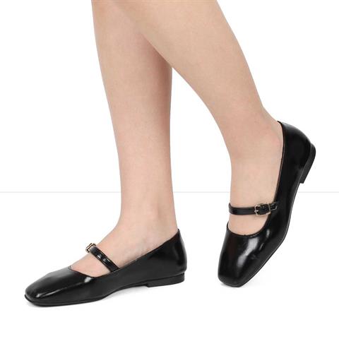 Kadın Siyah Bantlı Küt Burun Rugan Deri Babet