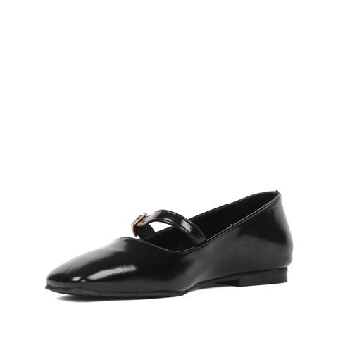 Kadın Siyah Bantlı Küt Burun Rugan Deri Babet