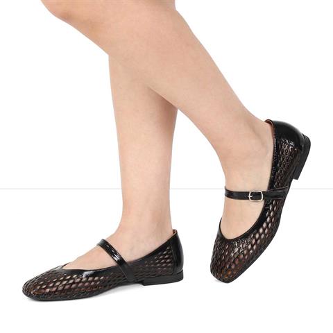 Kadın Siyah Bantlı Rugan Deri Babet