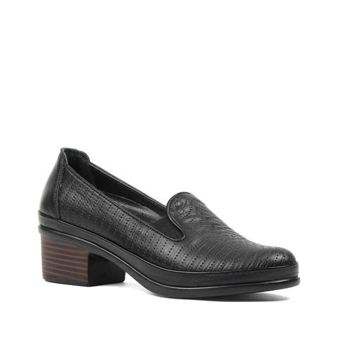 Kadın Siyah Baskılı Topuklu Deri Klasik Ayakkabı