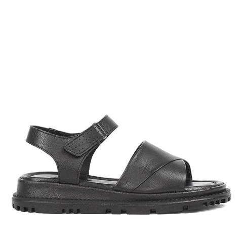 Kadın Siyah Bilekten Cırt Cırtlı Deri Sandalet